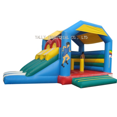 Inflatable bounce house with dual slide