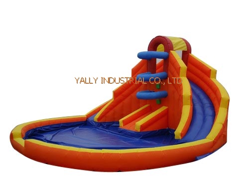 Orange inflatable water slide with large pool for splash